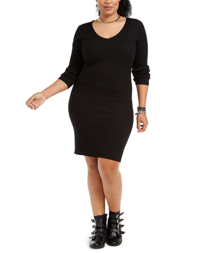 Front of a model wearing a size 2X Planet Gold Women's Trendy Plus Size Lace-Up-Back Bodycon Dress Black Size 2X in Black by Planet Gold. | dia_product_style_image_id:313548